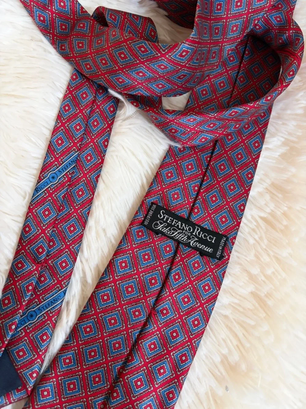 Stefano Ricci Saks Tie 100% Silk Blue Red Geometric  Italy Excellent Condition